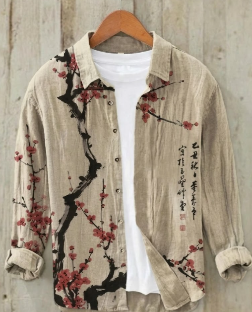 Zen Blossom Calligraphy Oriental Linen Overshirt