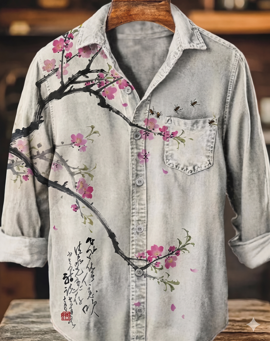 Sakura Bloom Minimal Oriental Washed Designer Shirt