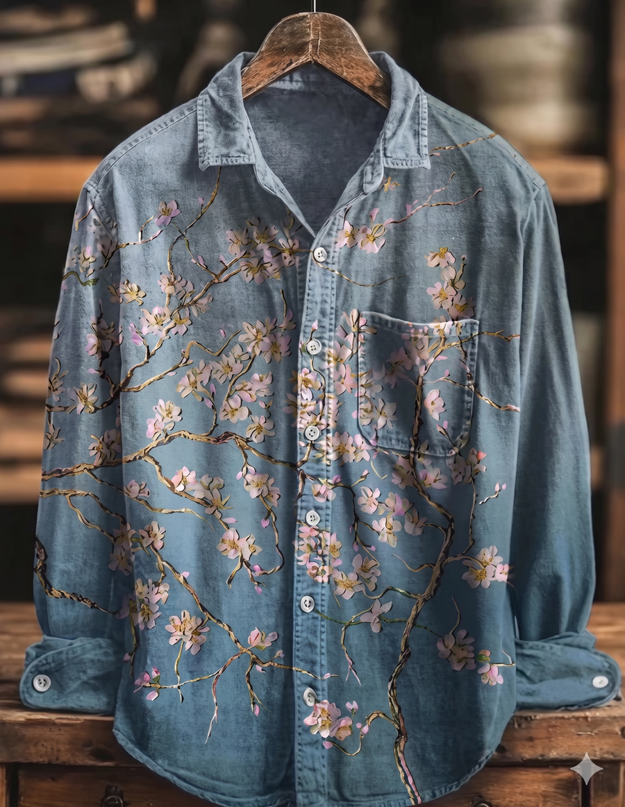 Sakura Vine Luxury Floral Washed Denim Shirt