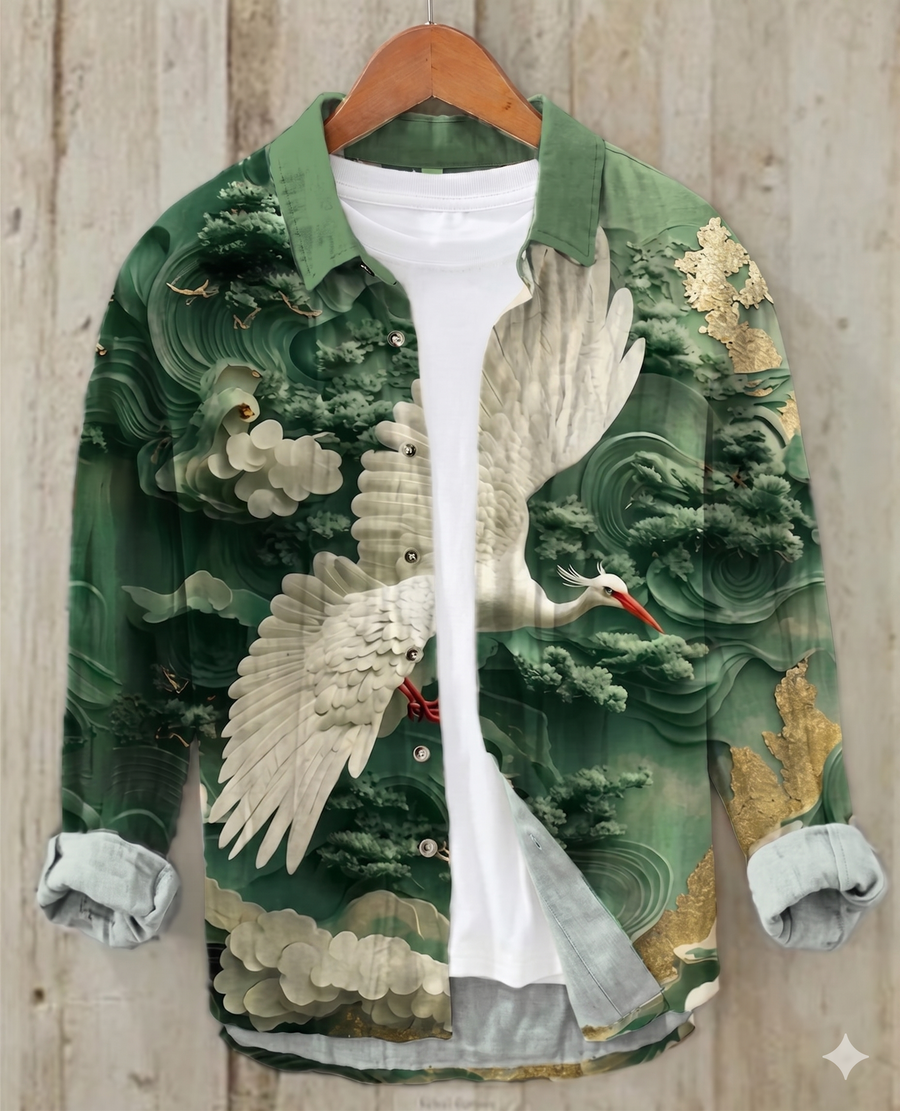 Emerald Crane Scenic Oriental Luxury Overshirt