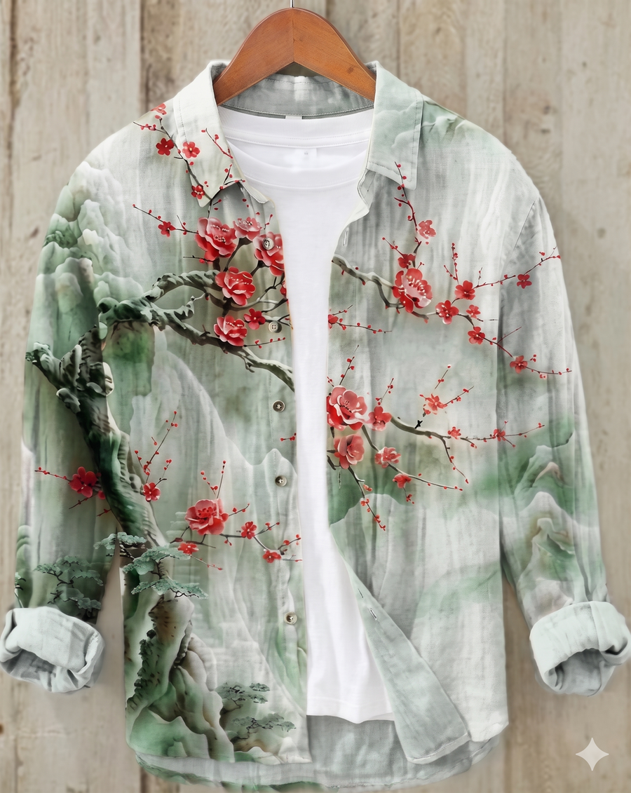 Sage Blossom Mountain Scenic Oriental Luxury Overshirt