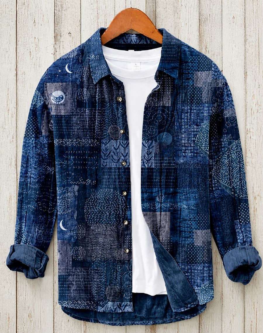 Midnight Indigo Abstract Patchwork Premium Designer Overshirt