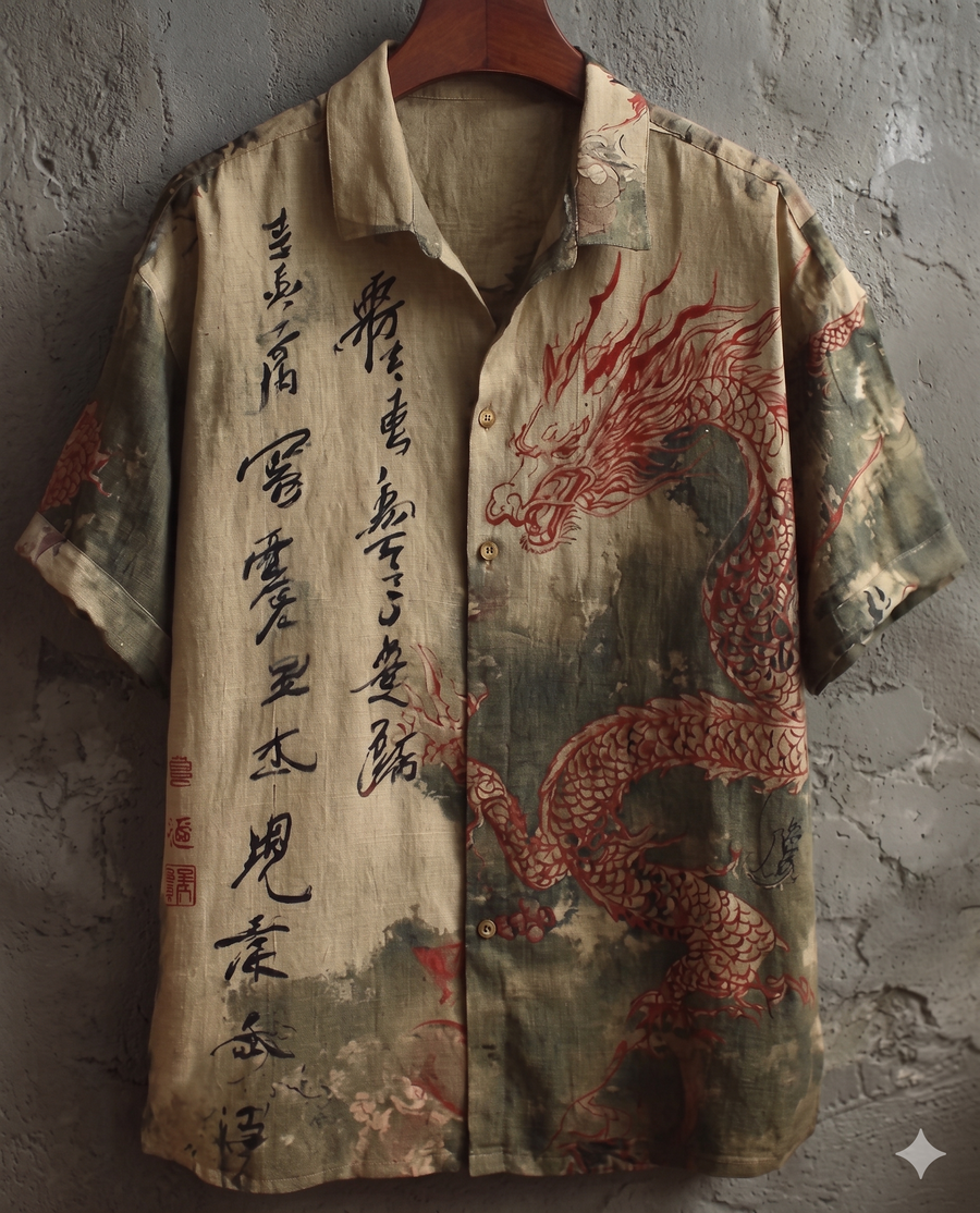 Antique Ember Dragon Vintage Oriental Casual Shirt