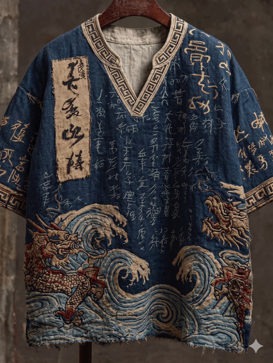 Tidal Dragon Oriental Embroidered Oversized V Neck Shirt