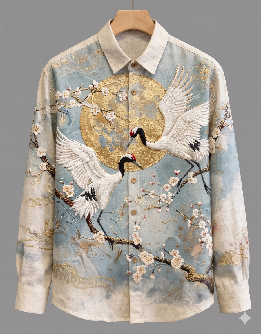 Moonlit Crane Blossom Oriental Luxury Long Sleeve Shirt
